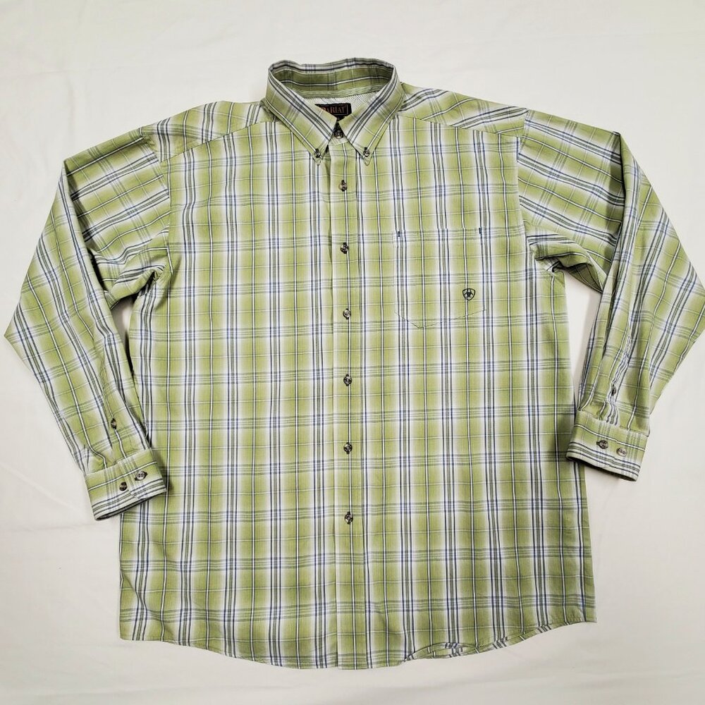 XL Ariat Lime Green Navy & White Plaid Cowboy Western Rodeo Shirt 50"